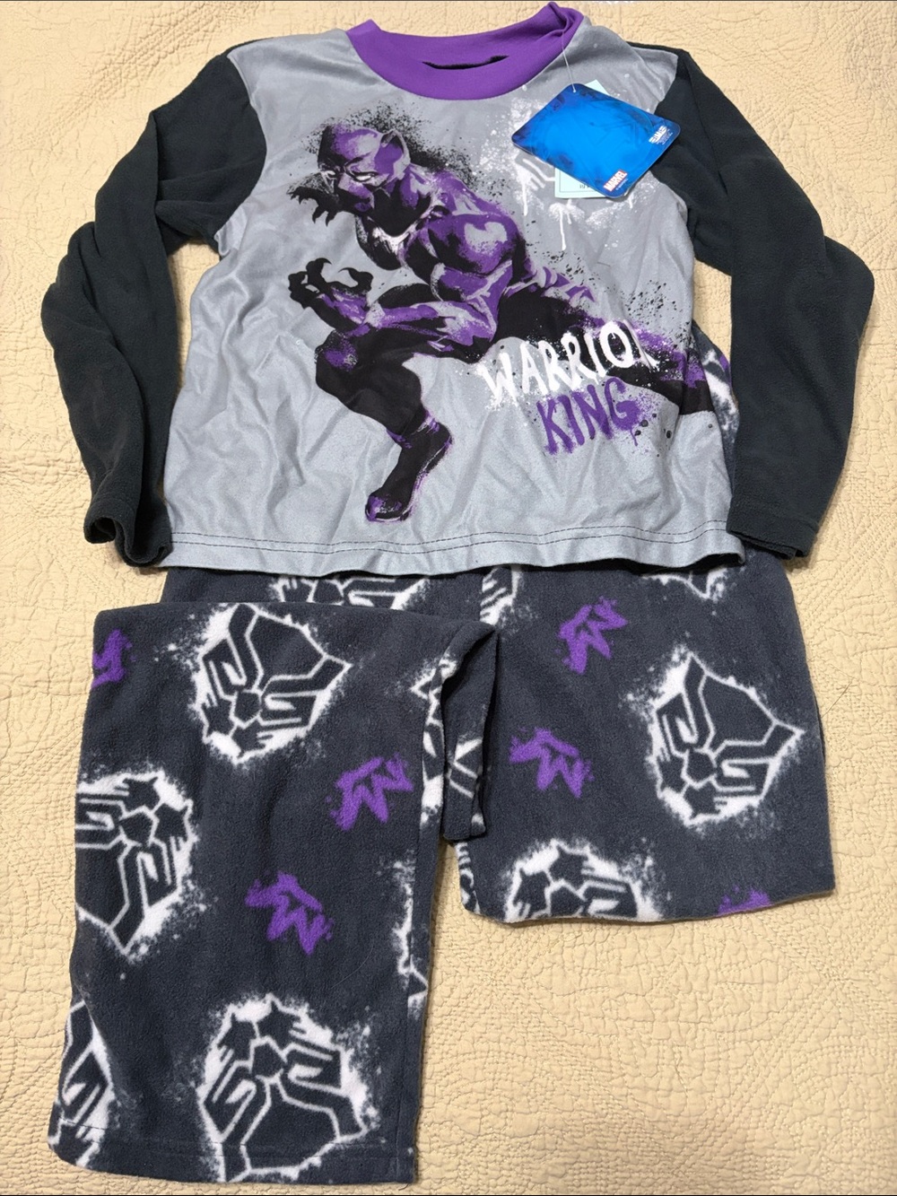 Kids Fleece Black Panther Pajama Set in Black, Gray & Purple (size: 8)